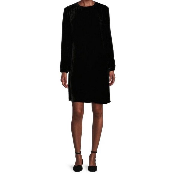 Eileen Fisher Crew Neck Velvet Dress Knee Length Silk Black Womens XXS $348